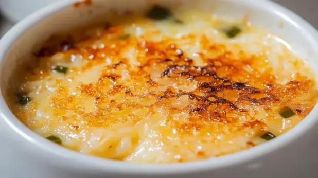 A close-up of a golden, caramelized crab brulee recipe in a white ramekin, with visible charred spots and creamy texture.