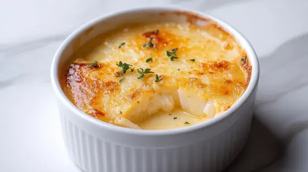 A creamy crab brulee recipe topped with a golden crust and garnished with fresh thyme in a white ramekin.