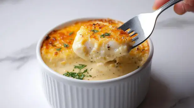 A fork lifting a creamy, golden-brown bite of crab brulee recipe from a white ramekin, with a rich, caramelized crust and fresh herb garnish.